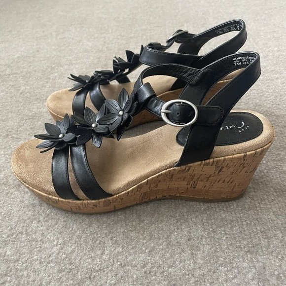 Wear Ever Shoes - Wear Ever Sandals Womens 7.5 Black Faux Leather Floral Wedge Buckle 3" Heel